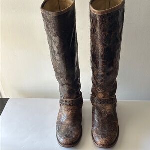 Frye Women’s Distressed Chocolate leather Phillip Harness tall boots.